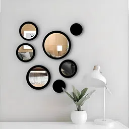 vah Crystal Art 7 Piece Modern Black Frame Round Wall Mirror Sticker (50cm X 50cm) Pack of 7-picture-12