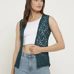 Women Sleeveless Green Shrug-image-0