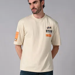 Men Printed Round Neck Pure Cotton Beige T-Shirt-image-27