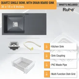ruhe Smoke grey Quartz Single Bowl Kitchen Sink with Drain Board (36 x18 x9 Inch) Natural Smoke Grey Granite Matt Finish Vessel Single Bowl With Drain Board Sink Vessel Sink image 5