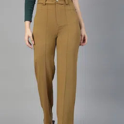 Women Regular Fit Khaki Viscose Rayon Trousers-image-0