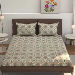 real dream Cream Floral Glace Cotton Queen Fitted Bed Sheets with 2 Pillow Covers (240 tc) image 1