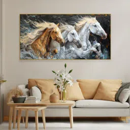 nestroots Gold Canvas Framed Majestic Horses Galloping Through Meadow Wall Painting(12X24 Inch)-picture-10
