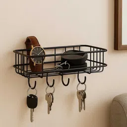 kedarnath Bathroom rack self with 4 hooks to hang towel and more hanging items Stainless Steel Wall Shelf image 2
