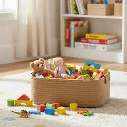 ambaenterprises Cotton Beige Cotton Rope Rectangle Storage Basket with Leather Handles Storage Basket image 2