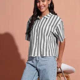 Women Oversized Fit Striped Casual Shirt-image-0