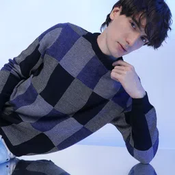campus sutra Men Checkered Crew Neck Blue Sweater-picture-10