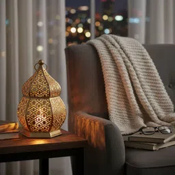 aj exports Moroccan-Style Gold Metal Lantern | Intricate Decorative Candle Holder Gold Iron Table Lantern-picture-37