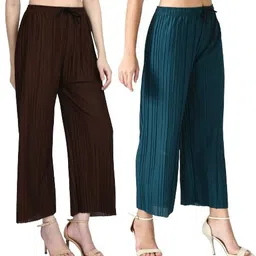 gladly Pack of 2 Women Regular Fit Brown, Light Green Lycra Blend Trousers-picture-14