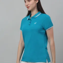 cantabil Women Solid Polo Neck Polycotton Blue T-Shirt image 3