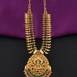 hanaa One Gram Gold Covering Micro Plated Traditional AD CZ Laxmi Short Necklace Gold-plated Plated Brass, Copper Necklace image 2