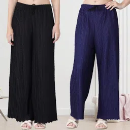 kwsh Pack of 2 Women Regular Fit Black, Blue Viscose Rayon Trousers-picture-25