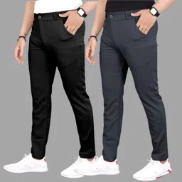Pack of 2 Men Slim Fit Black, Grey Lycra Blend Trousers-image-16