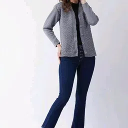 shunit creation Women Self Design V Neck Grey Sweater image 3