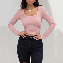 mystify Womens Long Sleeve Ribbed Knit Cropped Tops Round Neck Slim Fitted Basic T-Shirt Fall Casual Y2K Tunic Tee Sweatshirt image 2