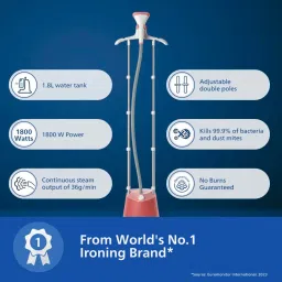 PHILIPS STE1020/40 1800 Watts Standing Garment Steamer (1800ml Water Tank, 3 Modes, Adjustable Double Poles, Soft Red) image 2