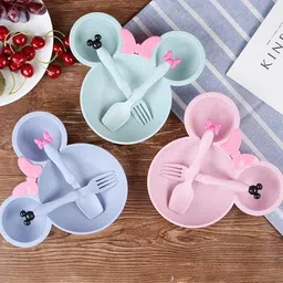 ARTLABEL Cute Cartoon Theme Eco-Friendly Wheat Straw Natural Bamboo Fibre Dinner Set for Kids, Toddlers & Babies 1 Plate, 1 Spoon and 1 Fork (Mickie Plate Set) image 4