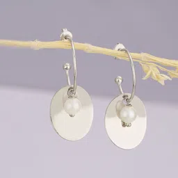 Carlton London Silver-Toned & White Rhodium-Plated Beaded Oval Half Hoop Earrings-image-24