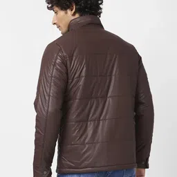 spykar MEN'S LEATHER LOOK JACKET WITH CHEST SILICON BADGE Men Solid Puffer Jacket image 2