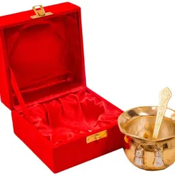 rkonect Gold Plated Brass Decorative Handi Shape Bowl with Tray for Home Decoration and Gifting Purpose with Velvet Box (Pack of 1) Bowl, Spoon Serving Set image 2