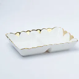 market 99 White & Golden Ceramic Rectangular Dish with Elegant Gold Trim & Glossy Finish Tray image 2
