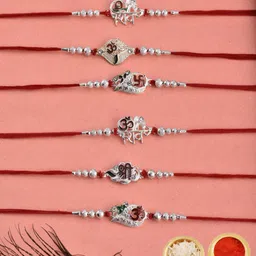 raakhi Designer 6 PIS RAKHI SET METAL OM & BRO SET JS-177 Mauli Thread Rakhi, Chawal Roli Pack, Greeting Card Set-picture-25