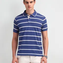 arrow sport Men Striped Polo Neck Pure Cotton Blue T-Shirt-picture-11