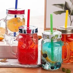 sk trading Glass Mason Jar with Straw and Handle, 500ml, 2-Piece (Transparent) Glass  (500 ml) Glass Mason Jar-picture-16