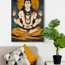 999Store Grey & Mustard Lord Shiva Meditation Printed Canvas Wall Art image 2