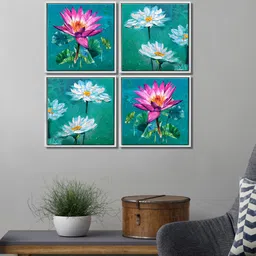 999Store Set Of 4 Green & Pink Colourful Flowers Printed Canvas Wall Painting image 1