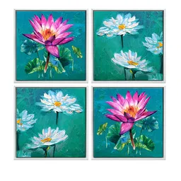 999Store Set Of 4 Green & Pink Colourful Flowers Printed Canvas Wall Painting image 2