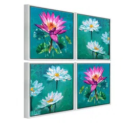 999Store Set Of 4 Green & Pink Colourful Flowers Printed Canvas Wall Painting image 3