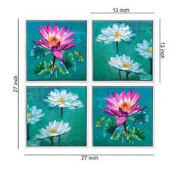 999Store Set Of 4 Green & Pink Colourful Flowers Printed Canvas Wall Painting image 5