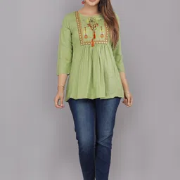 style ganga Casual Regular Sleeves Embroidered Women Light Green Top image 5
