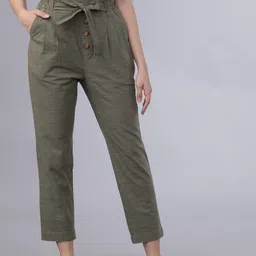 tokyo talkies Women Regular Fit Green Pure Cotton Trousers-picture-17
