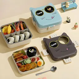 raycraft Stainless Steel Cat Design Lunch Box with Spoon Cup for School Kids and Adults 4 Containers Lunch Box image 4