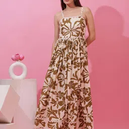 seek by sheetal Women Fit and Flare Brown, Beige Maxi/Full Length Dress image 3