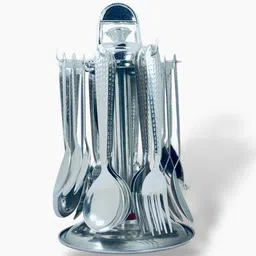 artha S.S Hammer Design Cutlery Set -Includes Spoons, Forks, Dessert Spoons, and Stand Stainless Steel Cutlery Set image 2