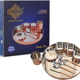 indianartvilla Steel, Copper Indian Art Villa, Brass 10 Pieces Dinner Set in Embossed Design Dinner Set image 2