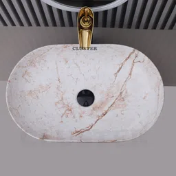 cluster Designer Matt Finish Over Counter Wash Basin For Bathroom, Hotel & Restaurants | Oblong Shaped (550 x 350 x 145 mm) | Glossy White And Brown Scraches Table Top Basin image 4