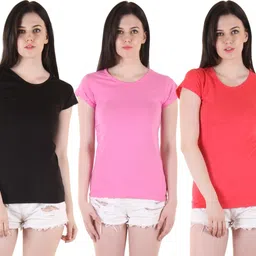 famaya Pack of 3 Women Solid Round Neck Cotton Blend Multicolor T-Shirt-picture-27