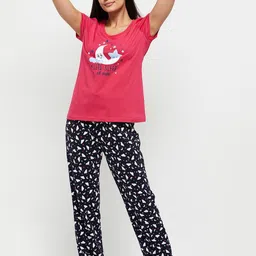 max Women Top & Pyjama Set Pink, Black Printed image 1