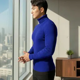 fashlook Men Solid High Neck Blue Sweater image 3
