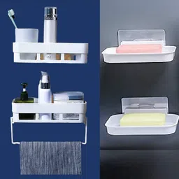 attilio Bathroom Rack Shelf(2 Bathroom Rack+2 Soap Box+1 Towel Hanger) Plastic Wall Shelf-picture-16