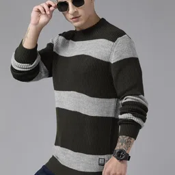 roadster Men Striped Round Neck Green Sweater-picture-13