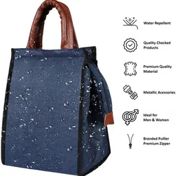 kavrixa Blue-Tan Faux Leather & Linen PVC Cotted Fabric Tiffin + Picnic bag KX-TB07 Lunch Bag image 4