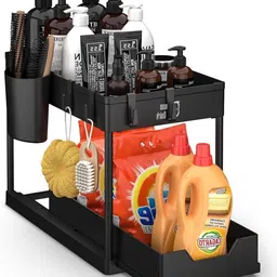 aquabucket Utensil Kitchen Rack Sink Organizers and Storage for Cosmetic, Bathroom 2-Tier Sliding Cabinet Basket Steel-picture-19