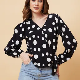 globus Casual Puff Sleeves Printed Women Black Top-picture-10