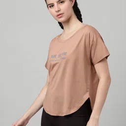 mkh Women Typography Crew Neck Polyester Brown T-Shirt image 2