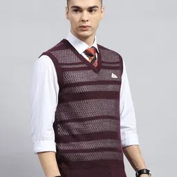 monte carlo Men Self Design V Neck Maroon Sweater image 3